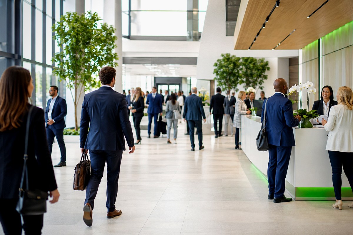 Professionals arriving at a corporate event venue lobby