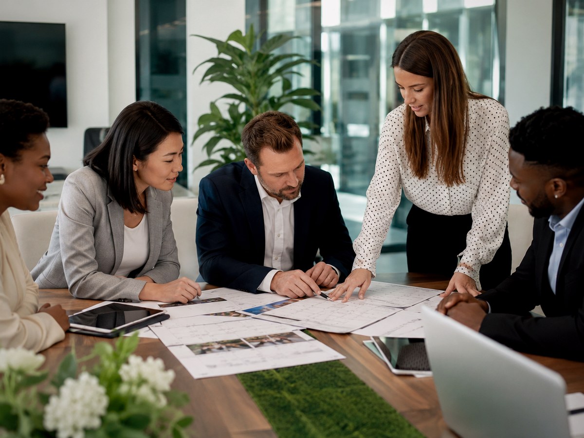 Business professionals discussing event space requirements
