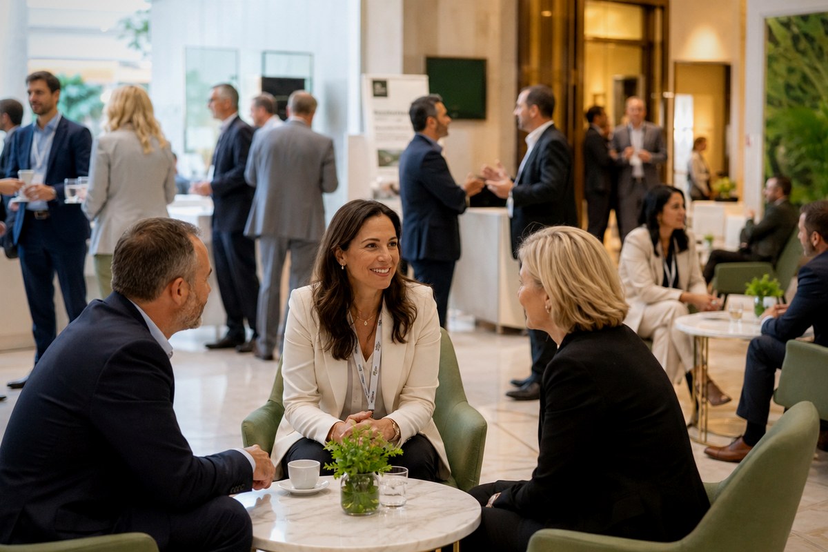 Business professionals networking at a congress venue