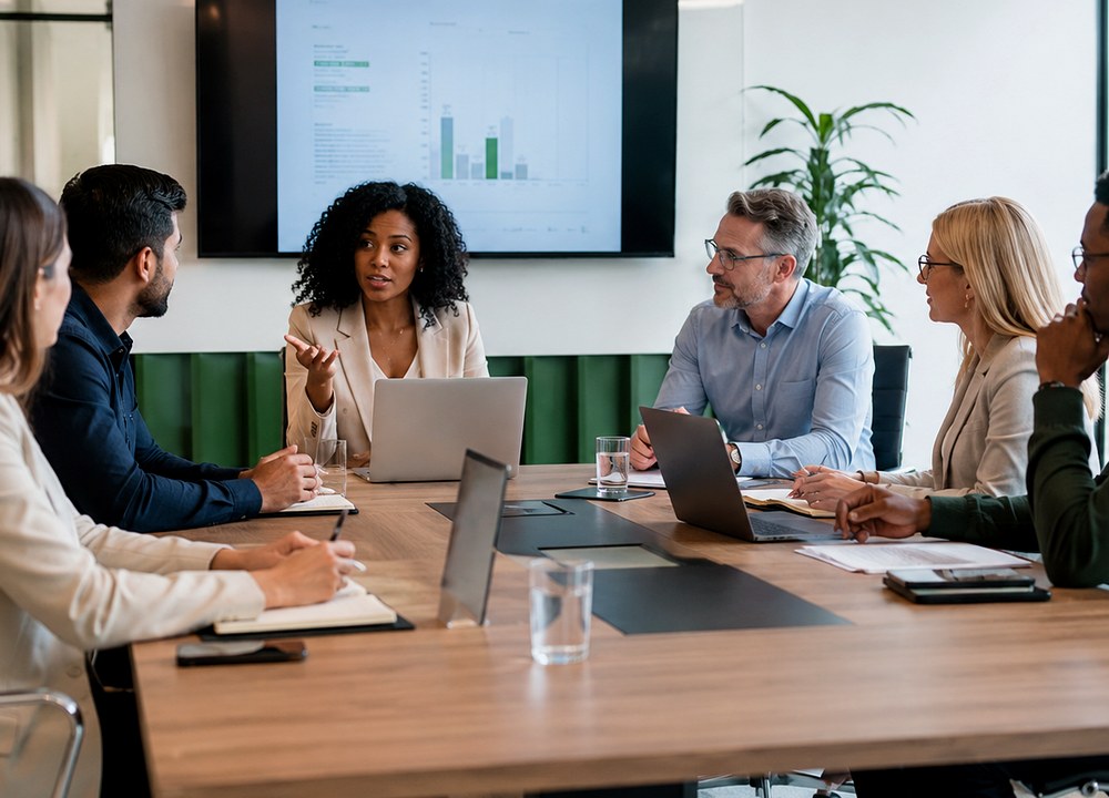 Business professionals discussing event space requirements