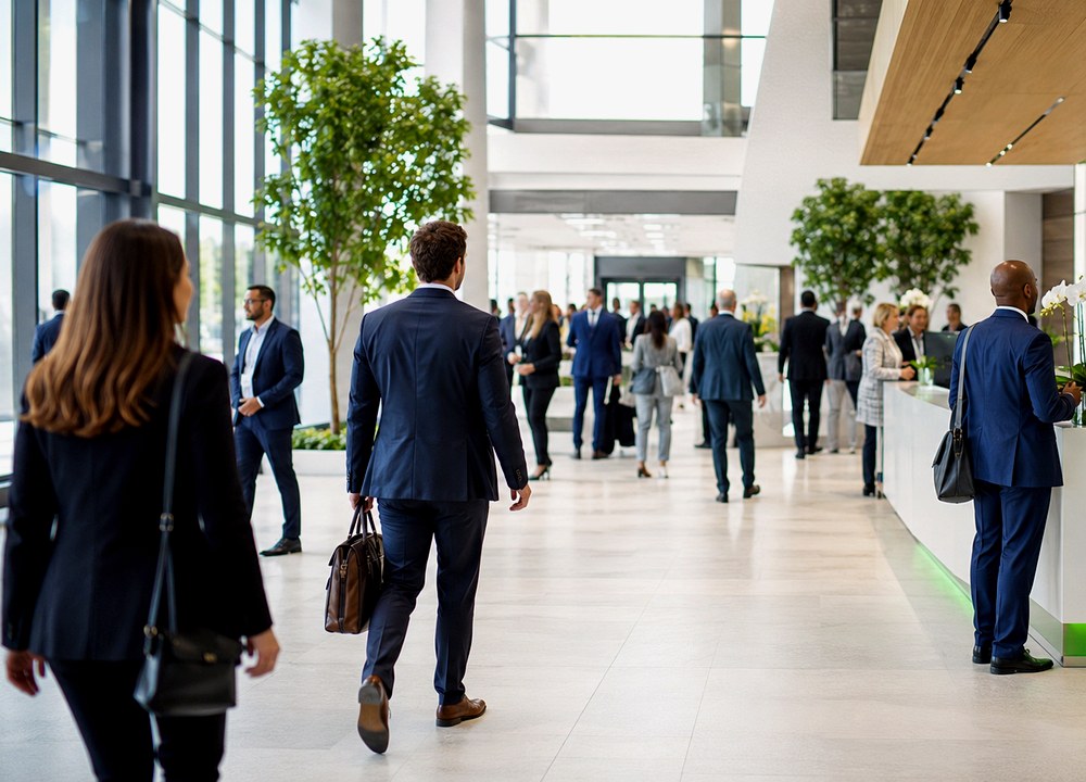 Business professionals discussing event venue plans